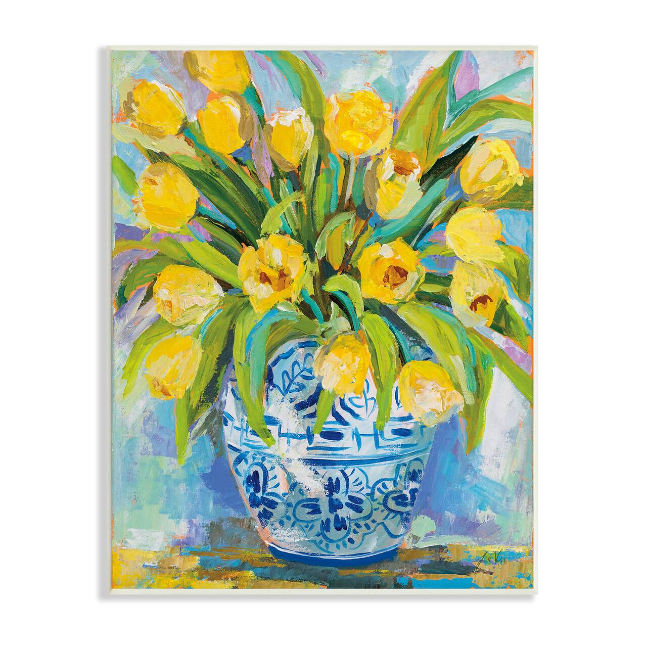 Stupell Industries Expressive Yellow Tulips in Ornate Blue Vase Painting Wood Wall Plaque